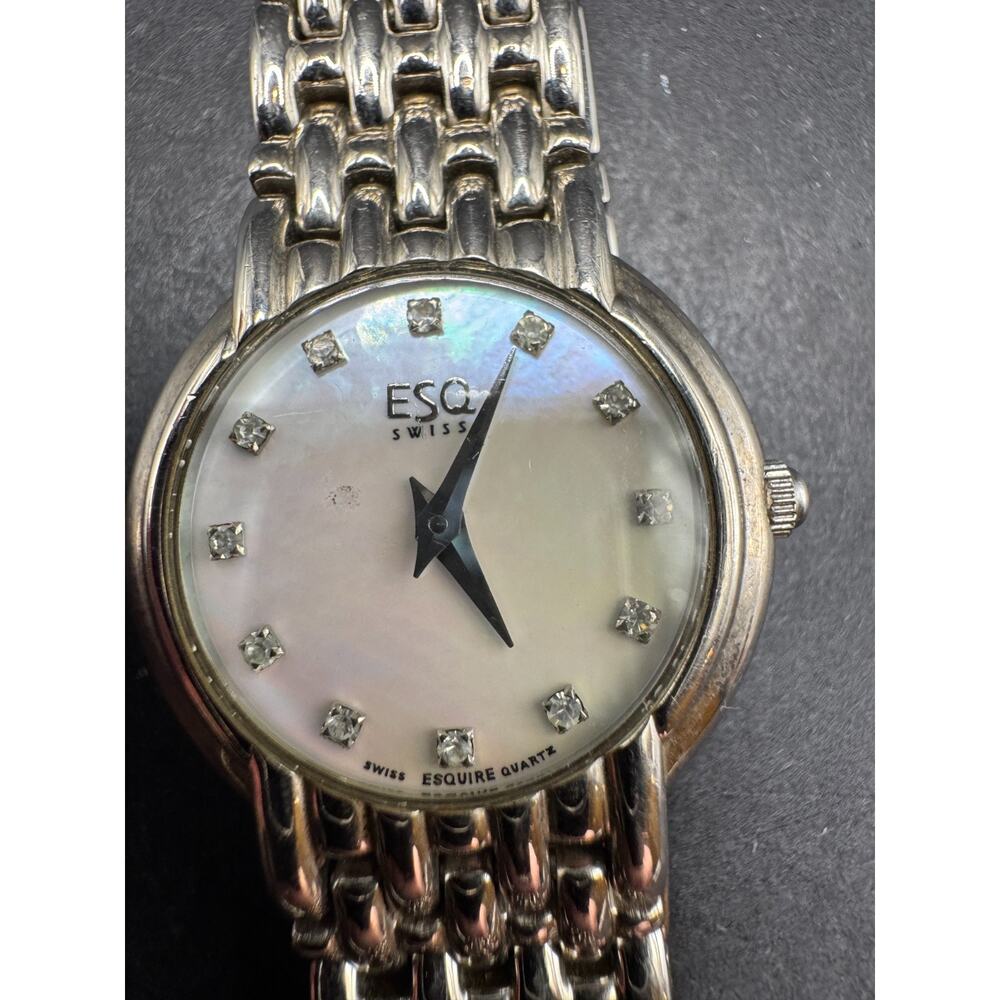 ESQ Swiss Quartz Watch Women MOP Dial Silver Tone Round Diamond Marker 21.3mm